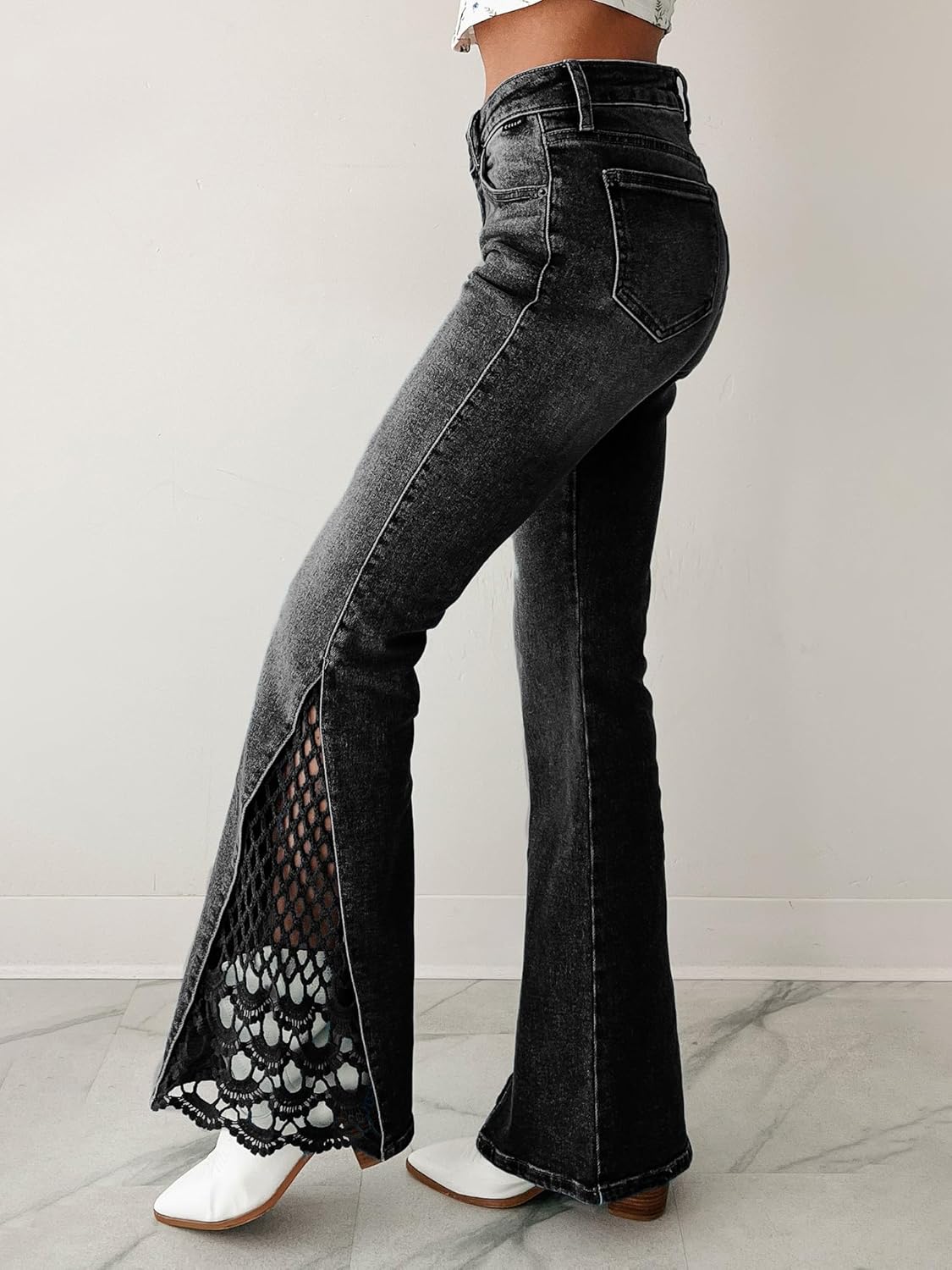 utcoco Women's Stretch Slim Fit High Waisted Bootcut Jeans Lace Hollow Out Bell Bottom Flare Jeans for Women