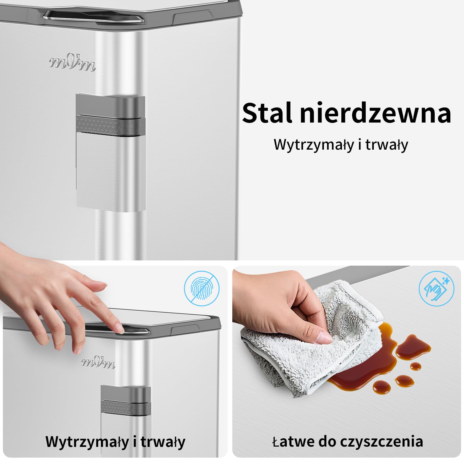 mVm Kosz na Śmieci do Segregacji Odpadów 63L 3 Komory, Stal Nierdzewna, Duża Pojemność, Kosz Kuchenny z Pokrywą Soft Close, Nowoczesny Pojemnik do Recyklingu