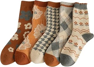 5/10 Pairs Women's Thick Wool Knit Crew Socks - Vintage Cute Floral Pattern, Warm Cozy for Fall Winter