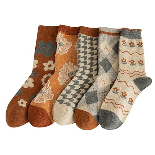 FORJMMP 5/10 Pairs Wool Socks for Women Thick Knit Vintage Cute Floral Crew Socks - 4-8 - 5 Pairs-orange Flowers