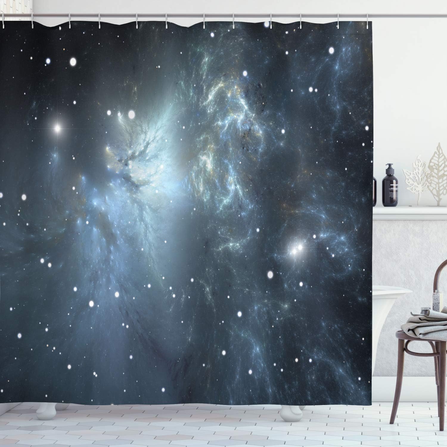 Ambesonne Constellation Shower Curtain, Infinite Space with Nebula and Stars Universal Energy Cosmology, Cloth Fabric Bathroom Decor Set with Hooks, 69" W x 70" L, Pale Blue Black White