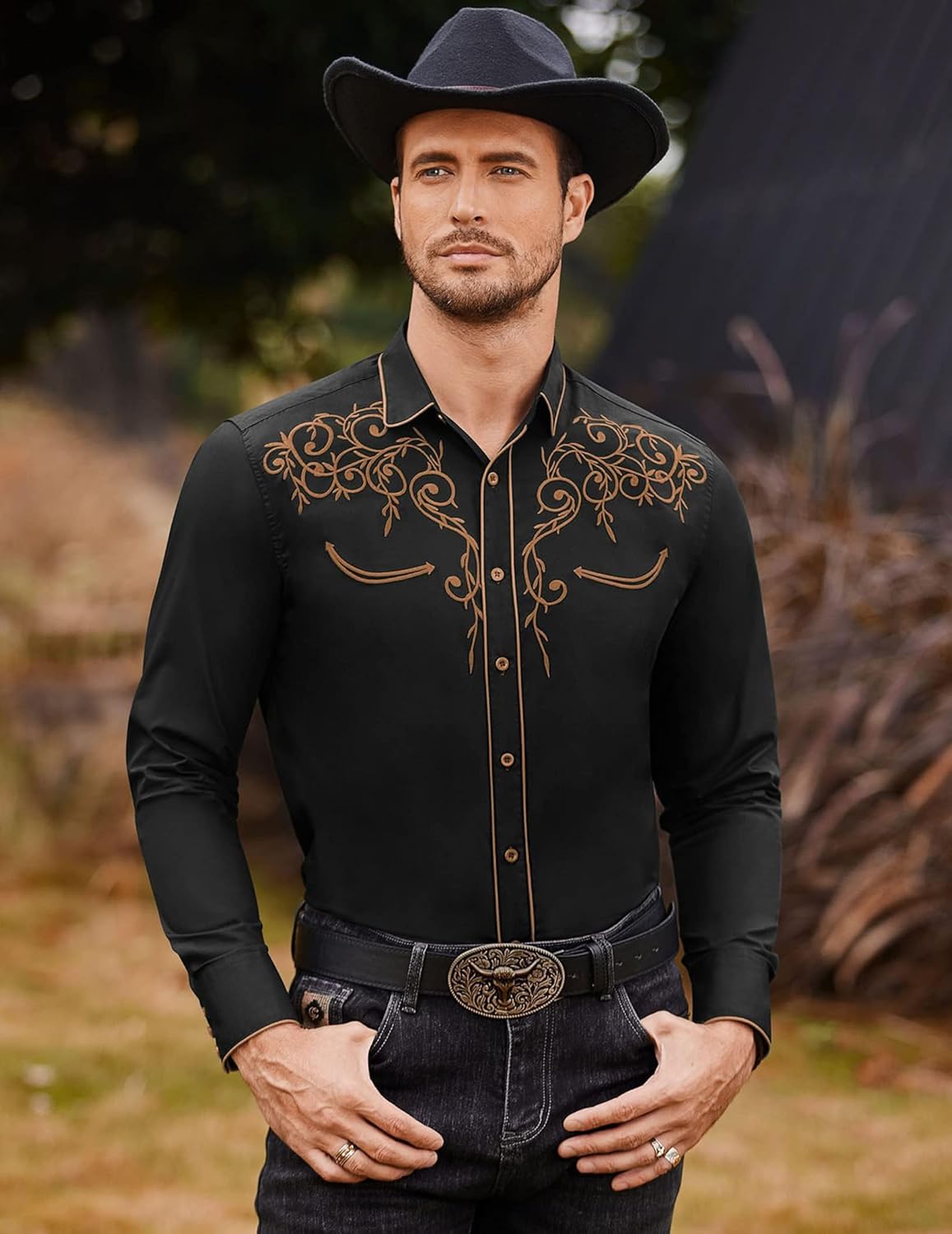 COOFANDY Men's Western Cowboy Shirts Long Sleeve Embroidered Shirt Slim Fit Casual Button Down Shirts - Image 6