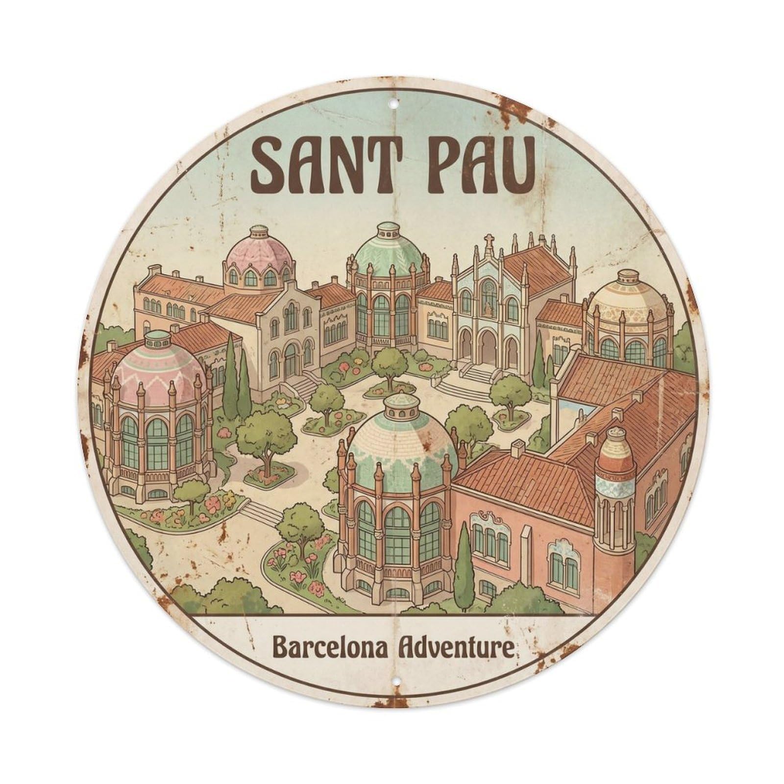 Barcelona Sant Pau Heritage Vintage Modernist Travel Metal Tin Sign Plaque Wall Decor for Cafe, Man Cave, Club Bar, Office, Home Garden Round Metal Poster 8x8Inch