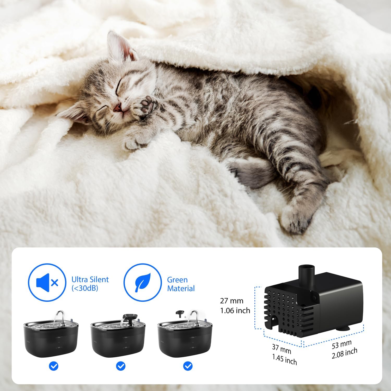 Diagram showing the dimensions of the Stouchi cat water fountain pump, highlighting its ultra-silent operation and green material construction.