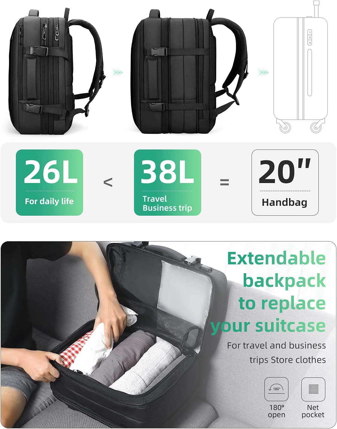 Mark Ryden Plecak podróżny 23 l/40 l, lekka torba weekendowa jako bagaż podręczny, z portem ładowania USB, pasuje do laptopa 17,3