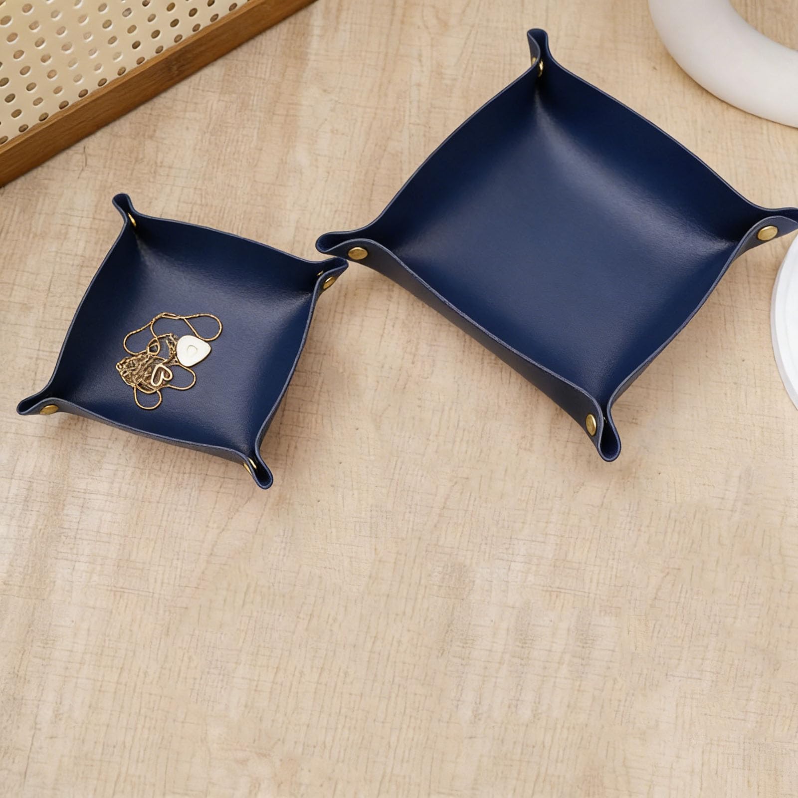2 Size PU Leather Valet Trays,Square Desk Organizer Catchall Tray Set,Folding Travel Organizer,Jewelry Key Cosmetic Storage Tray for Entryway Dresser Desktop(Navy Blue)