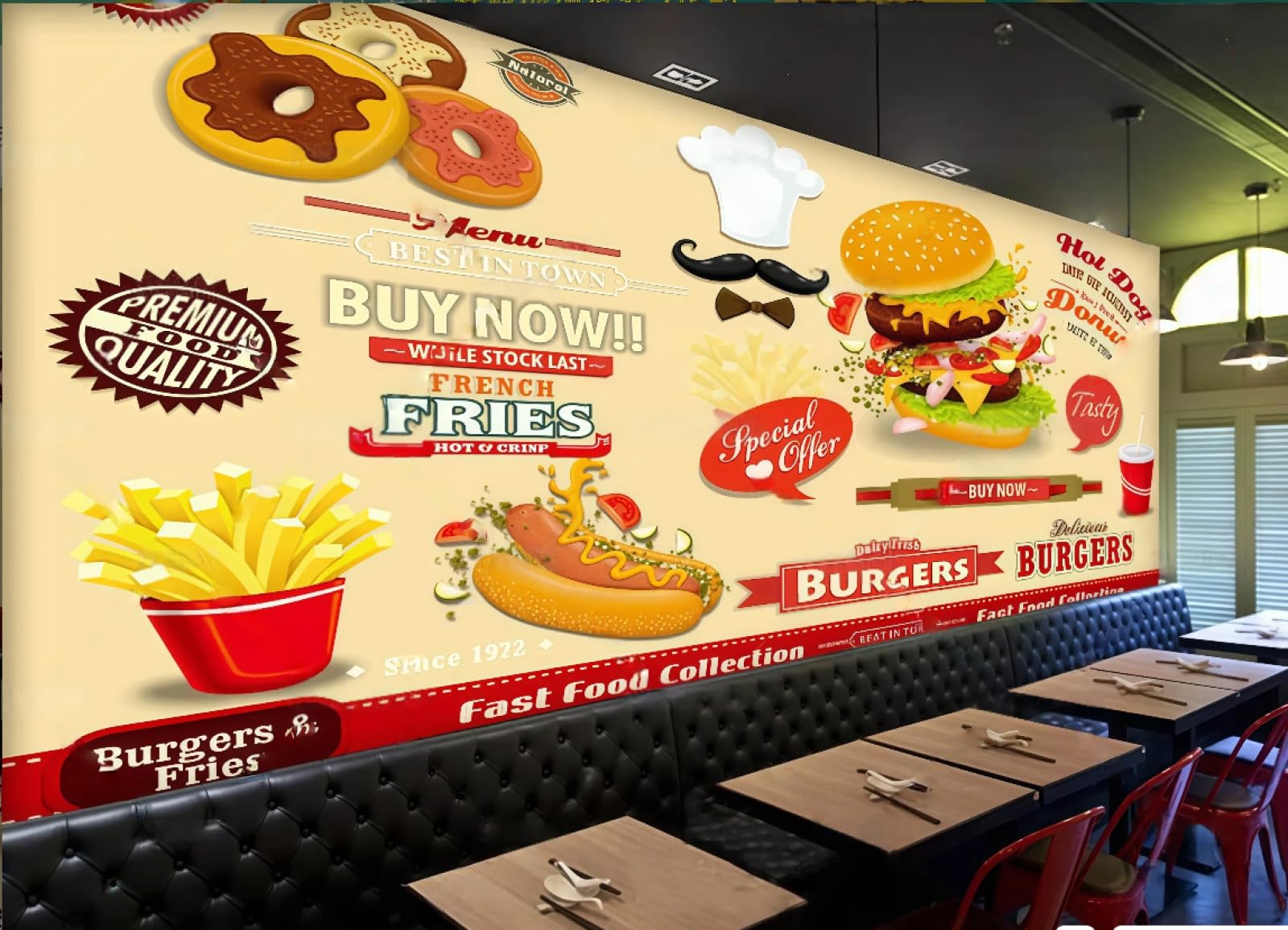 XDOUBAO Wallpaper Hand-Painted Burger Fast Food Snack Bar Theme Drink Afternoon Tea Western Restaurant Background Wall Wallpaper Coffee Shop Mural,3D,150x105cm