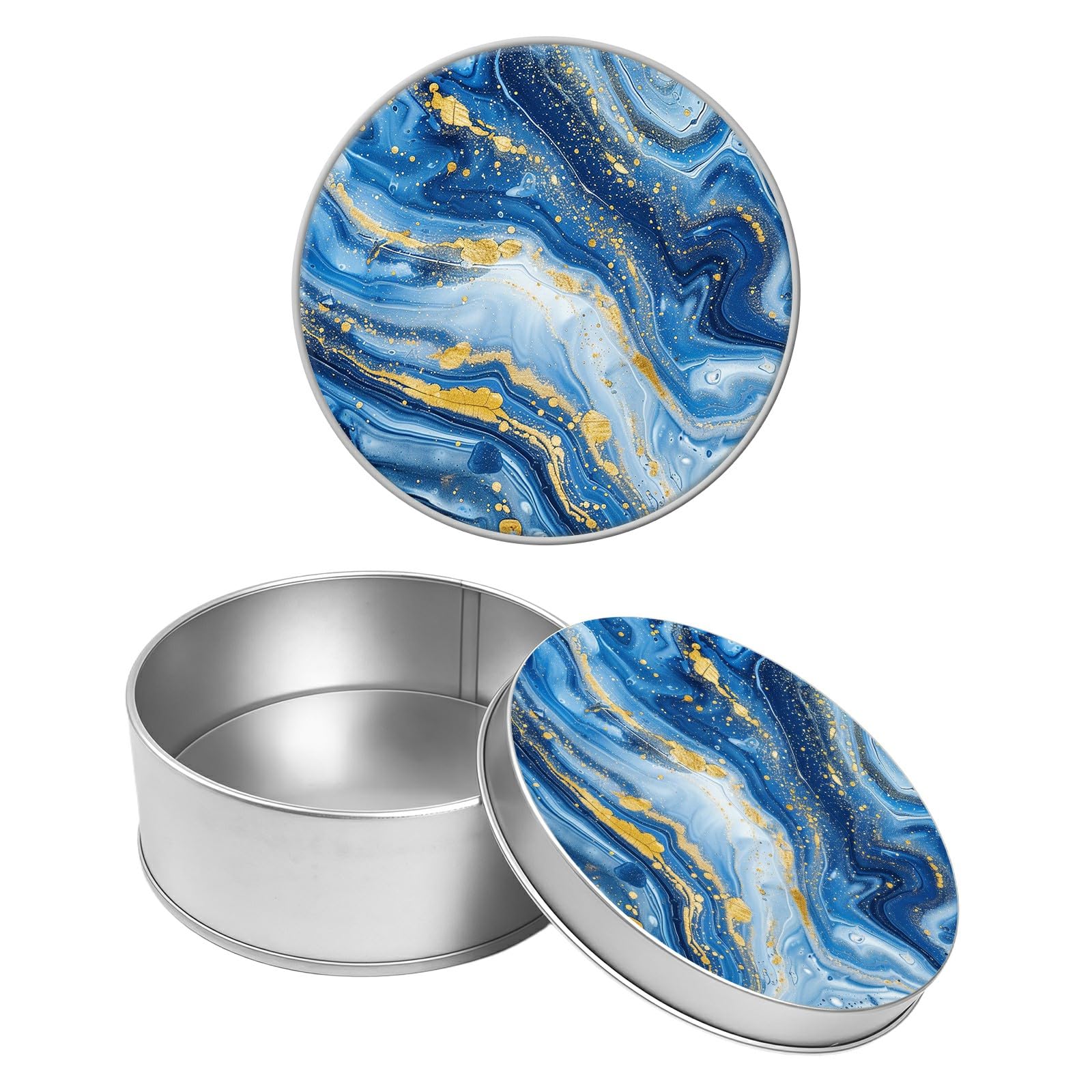 Round Metal Tin Container with Removable Lid, Blue Marble Durable Metal Storage Box for Crafts Snacks Candies Office Supplies Small Items 3.54 x 1.38 inch– Single Pack
