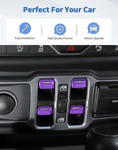 for Jeep JL Upgrade Window Switch Button Cover Air Conditioner Radio Switch Knob Cover Headlight Knob Cover for 2018-2024 Jeep Wrangler JL JLU/Gladiator JT Interior Accessories, Purple