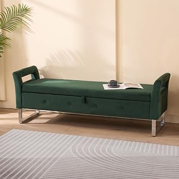 68" Long Storage Ottoman Bench for Bedroom End of Bed,Velvet Upholstered Sofa Bench with Storage and Arms,Button Tufted Storage Benches with Seating for Living Room,Entryway Green, 68"