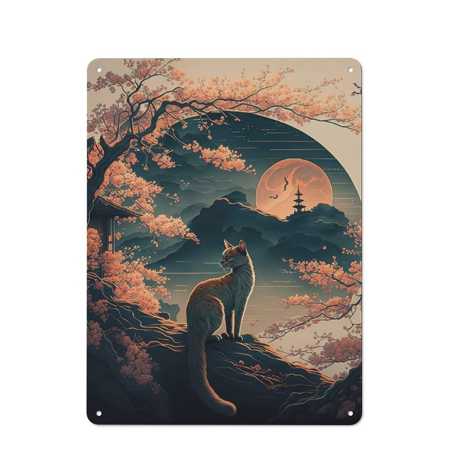 Garage Style Cat Cherry Blossoms Retro Metal Sign 40x30cm, Workshop Wall Decor for Workshop, Basement, Shed Or Games Room