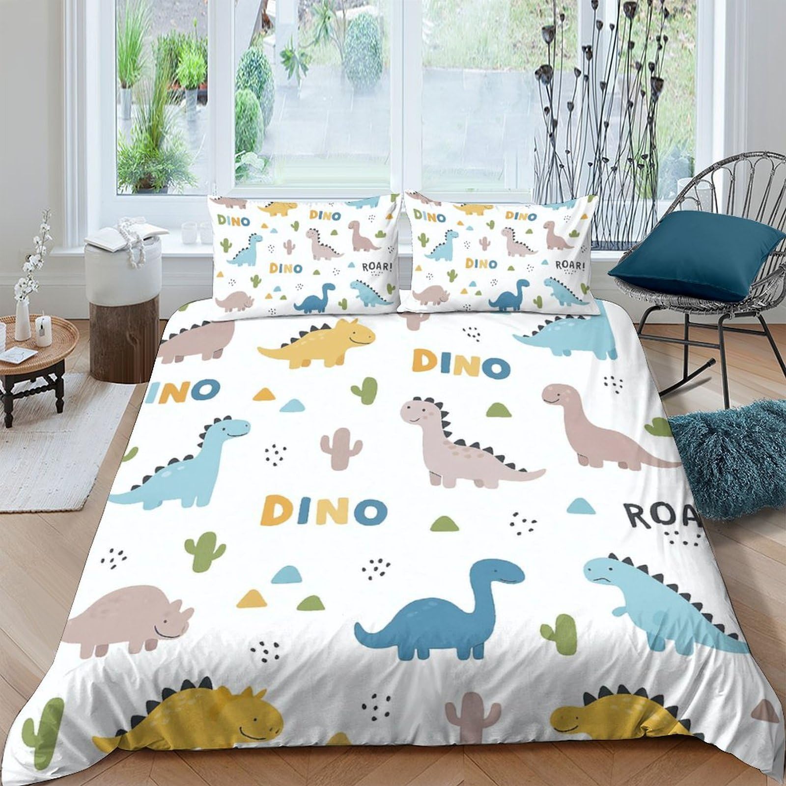 GPLZQXKJNH 3D Printed Cartoon Dinosaur Duvet Cover Microfiber Breathable Animal Bedding Set with 2 Pillowcases for Bedroom Decor Single（135x200cm）