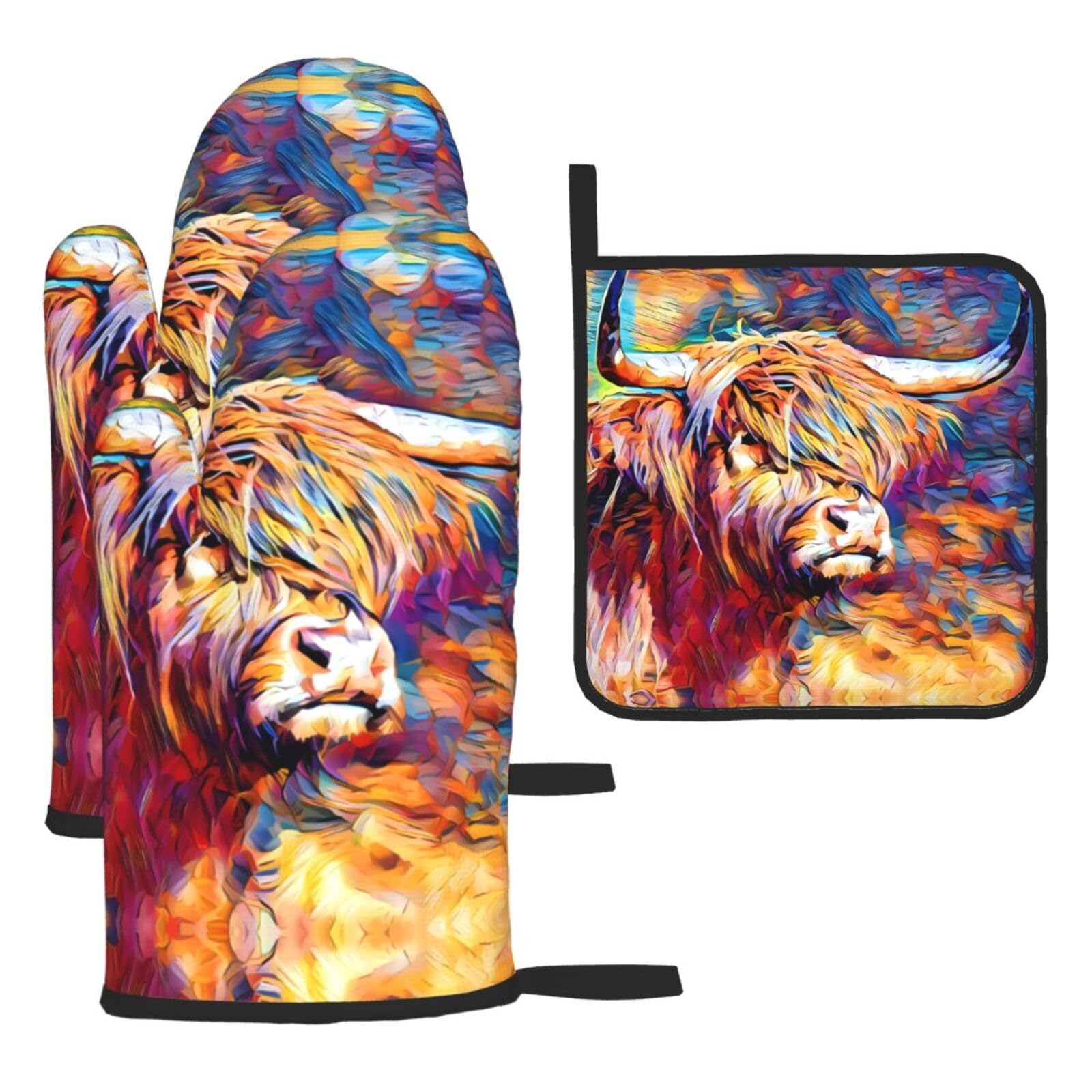 Cow Printed Oven Mitt Set 3-Piece | Heat Resistant Gloves & Pot Holder Mat for Cooking, Baking & BBQ