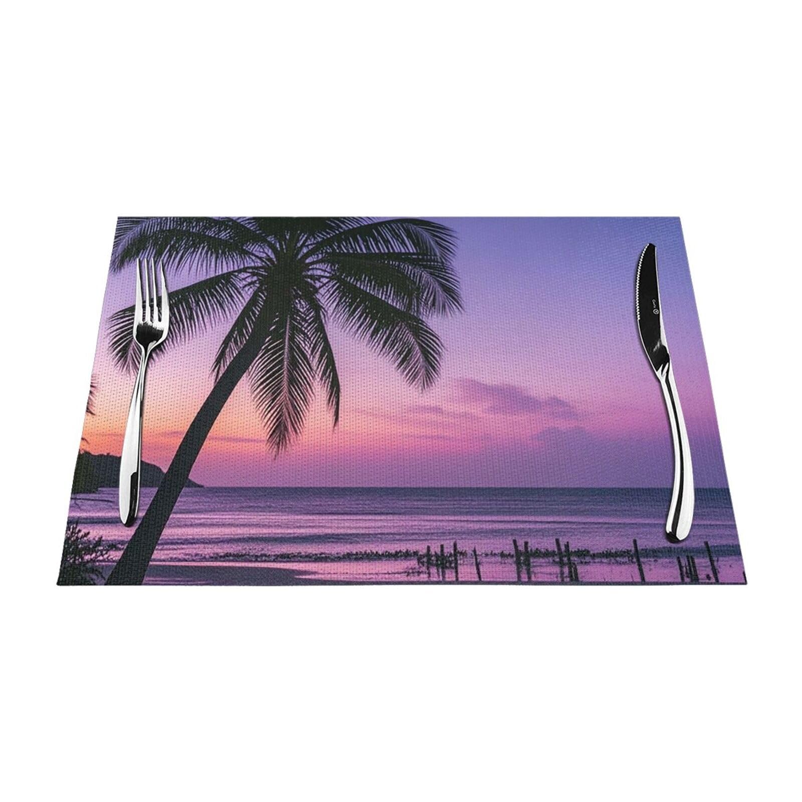 Placemats Set of 4 PCS Heat Resistant Non-Slip Place Mats for Dining Table Palm Tree Purple Sun Placemats Wipeable Washable PVC Weave Table Mats for Party Kitchen Dining Decor 45 x 30 cm