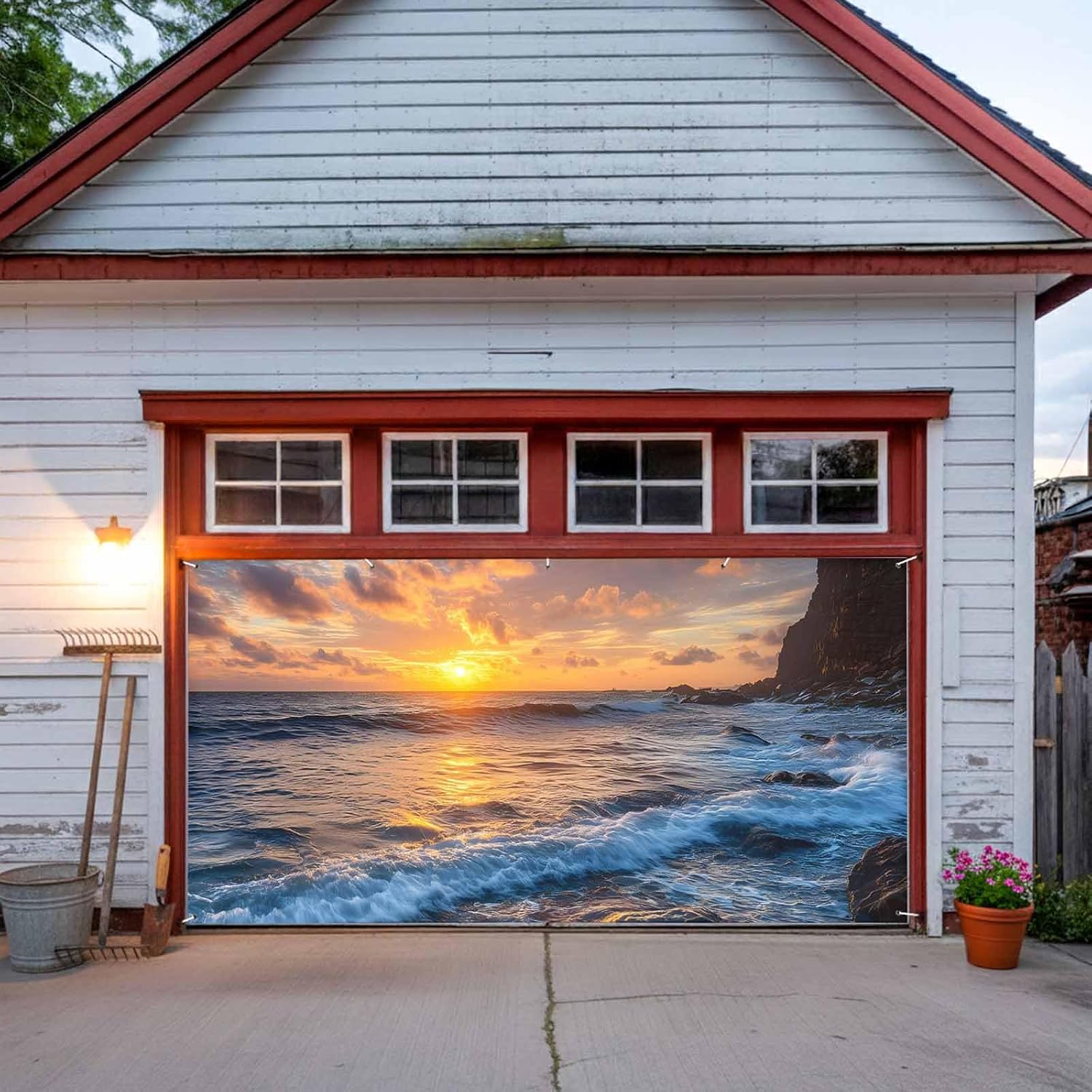 Garage Door Cover Banner 7x16 Ft, Beach Reef Garage Door Decorations for Christmas/Thanksgiving, Beach Sunset Ocean Waves Natural Scenery Large Hanging Backdrop Covers for Outdoor Holiday