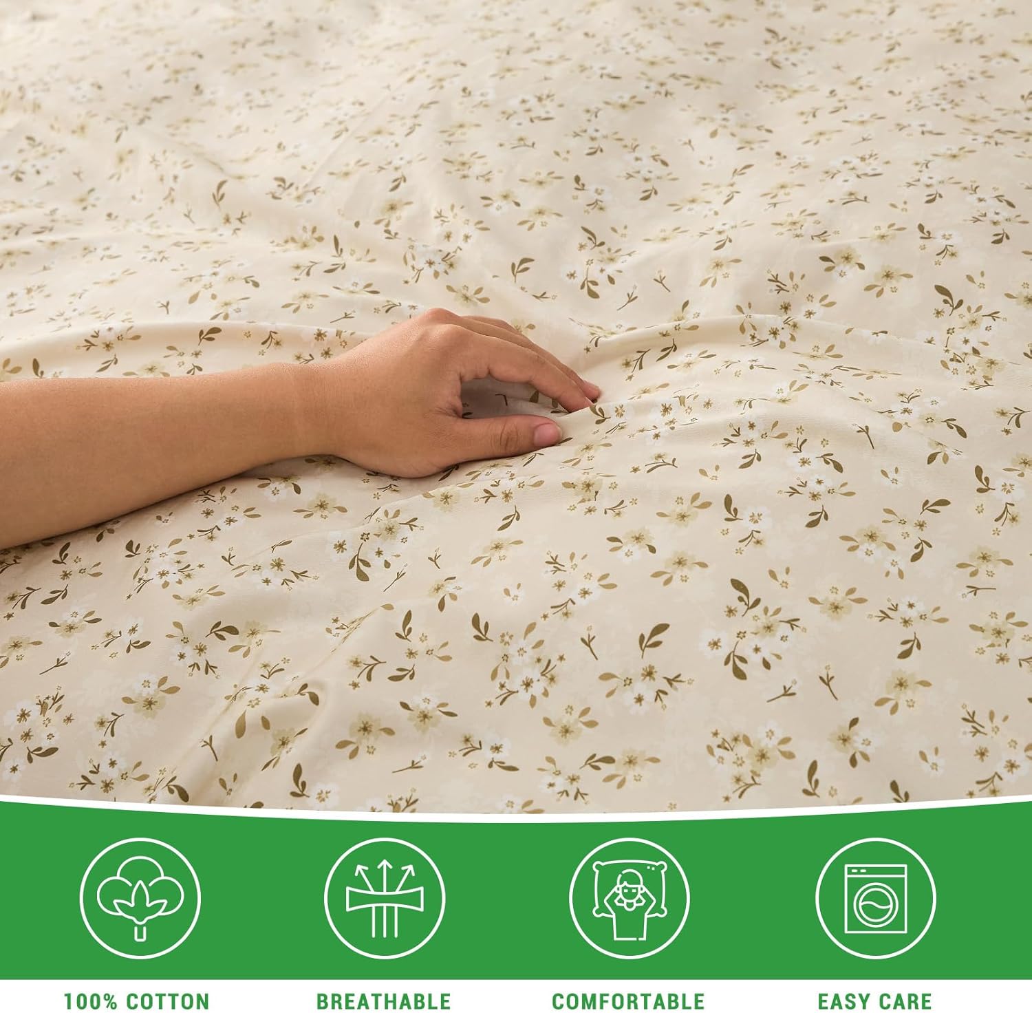 Gogreen 100% Cotton Queen Duvet Cover Set - 3 Piece Soft Breathable Bedding Set, All Season Comforter Cover with Zipper Closure & Corner Buttons, Includes 2 Pillowcases (Beige Floral, Queen Size)