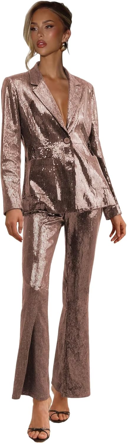 Sequin Pants Suit for Women Dressy V Neck 2 Piece Suit Set Sparkly Blazer and Flared Pants Formal Party Outfits