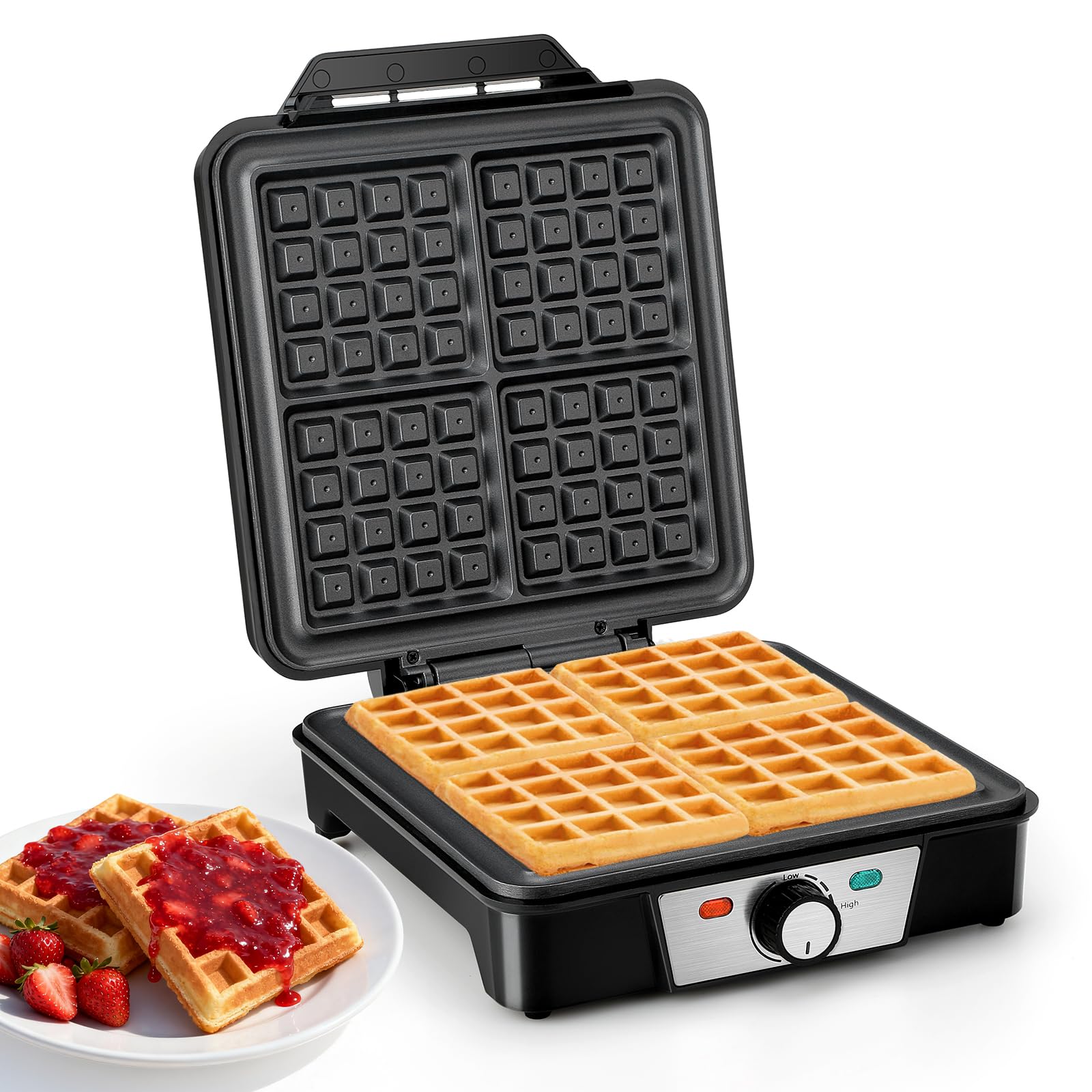 Cozary Gofrera Maquina de Gofres Waflera Antiadherente 1200W Hace 4 Gofres Belgas Temperatura Ajustable Acero inoxidable Diseño Compacto