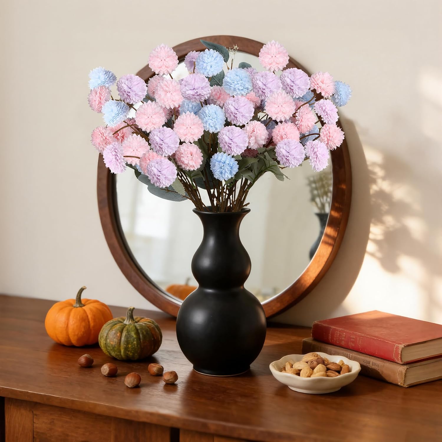 WhaSil Artificial Kiku Flowers, 10pcs Fake Silk Pompon Mums 2pcs Eucalyptus, Faux Fall Chrysanthemum Dining Table Centerpiece Floral Arrangements Decorative Dried Flowers for Home Decor thumbnail