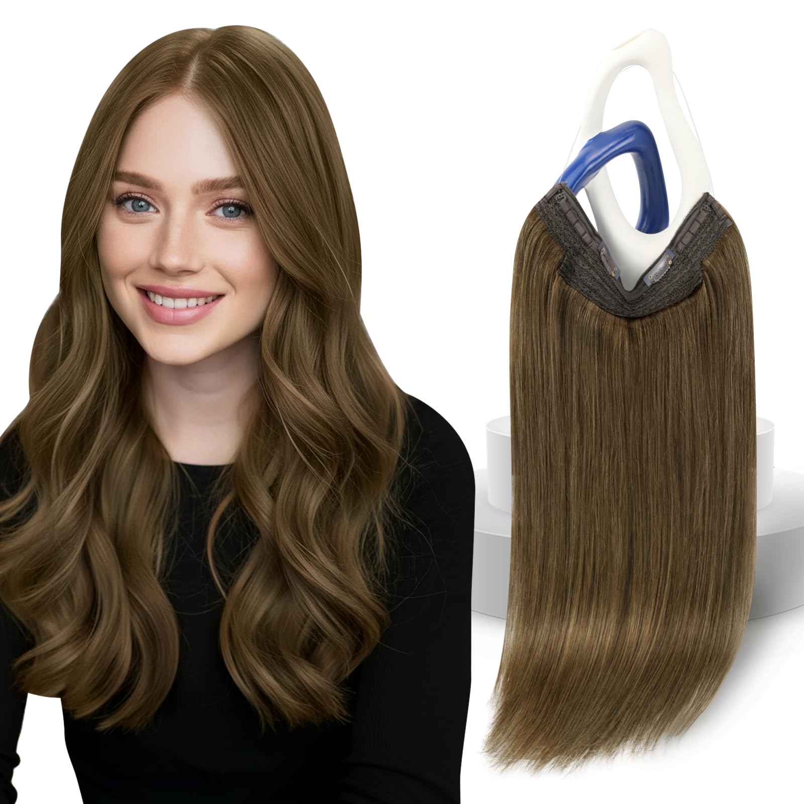 Sunny Hair Wire Hair Extensions for Women 16inch Straight Fish Line Human Hair Extensions Invisible Wire Extensions Easy to Apply Cool Brown Ombre Light Brown Balayage Blonde 85g — view 11