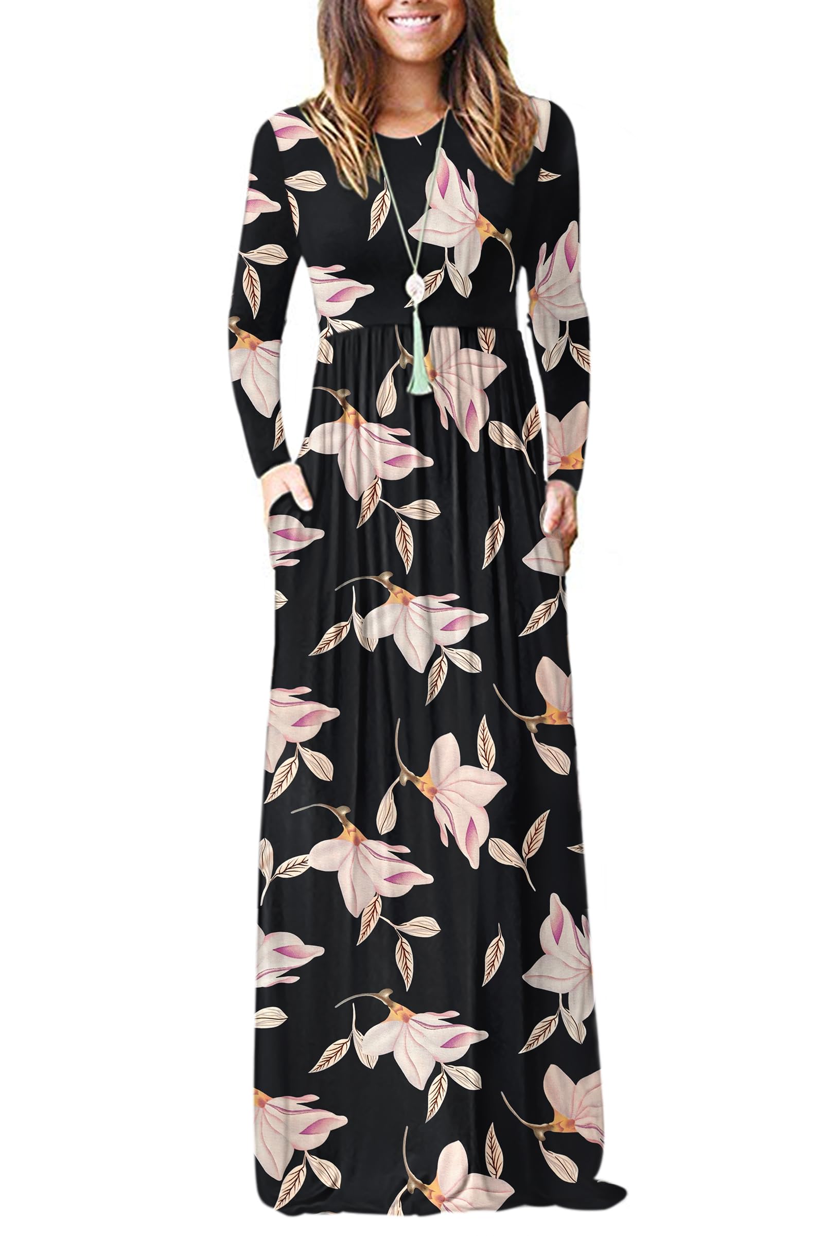Auselily Women's Morning Glory Casual Long Sleeve Maxi Dress Loose Long Dresses With Pockets S