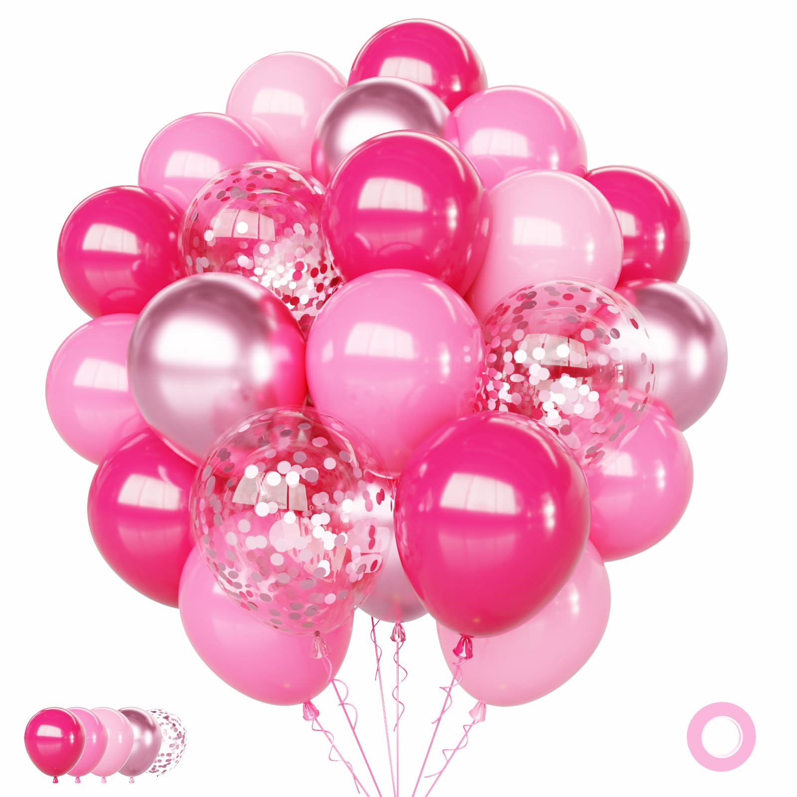 Pink Balloons Set, 65Pcs 12Inch Hot Pink Latex Balloons