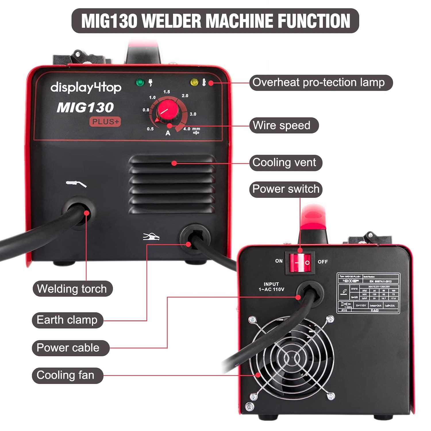 display4top Mig Welder, 130A Portable Welding Machine, Flux Core Wire Welder, MIG 130 Automatic Feed Welding Machine Equipment with Mask - 110V