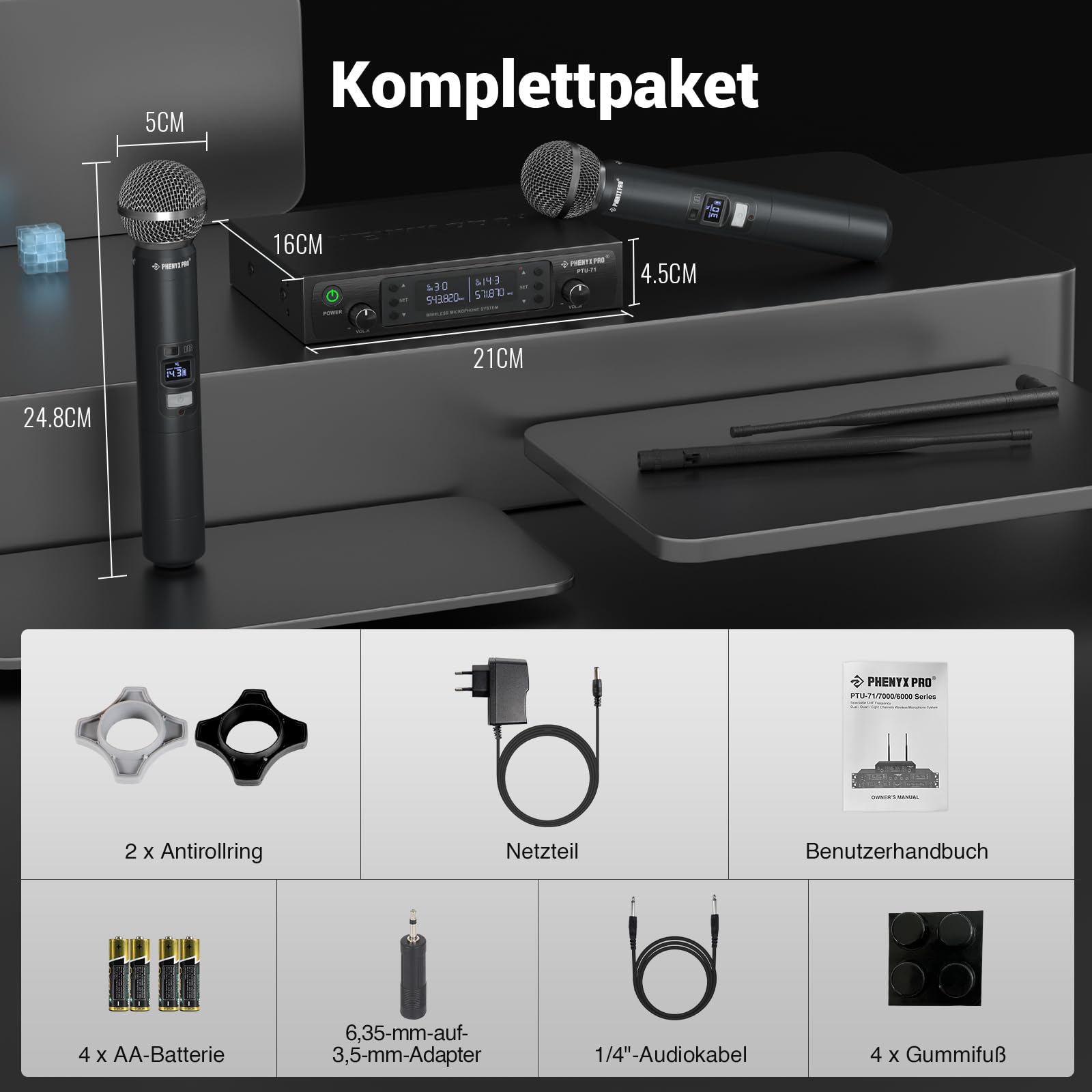 Phenyx Pro Drahtloses Mikrofonsystem, Dynamisches Funkmikrofon, 2x100 Einstellbare UHF Dual, Auto Scan, 328ft Reichweite, Für Gesang, Karaoke, Kirche (PTU-71A)