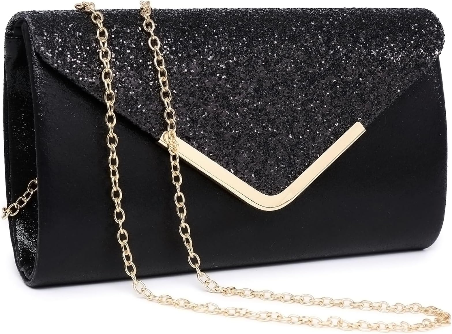 Dasein Evening Bag Envelope Handbag for Women Fashion Clutch Bag Ladies Shiny Sequins Evening Party Bag Prom Wedding, Black With Gold-tone Hardware, normal