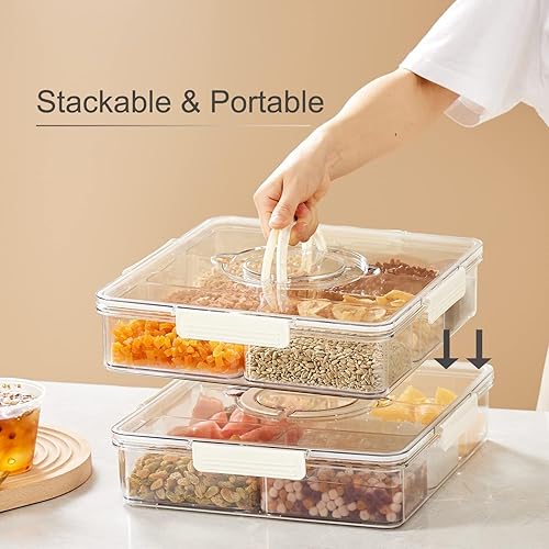 Miniatura 7 de Bandeja transparente dividida para verduras de 12 pulgadas con tapas, bandeja cuadrada para condimentos de aperitivos con 6 compartimentos,