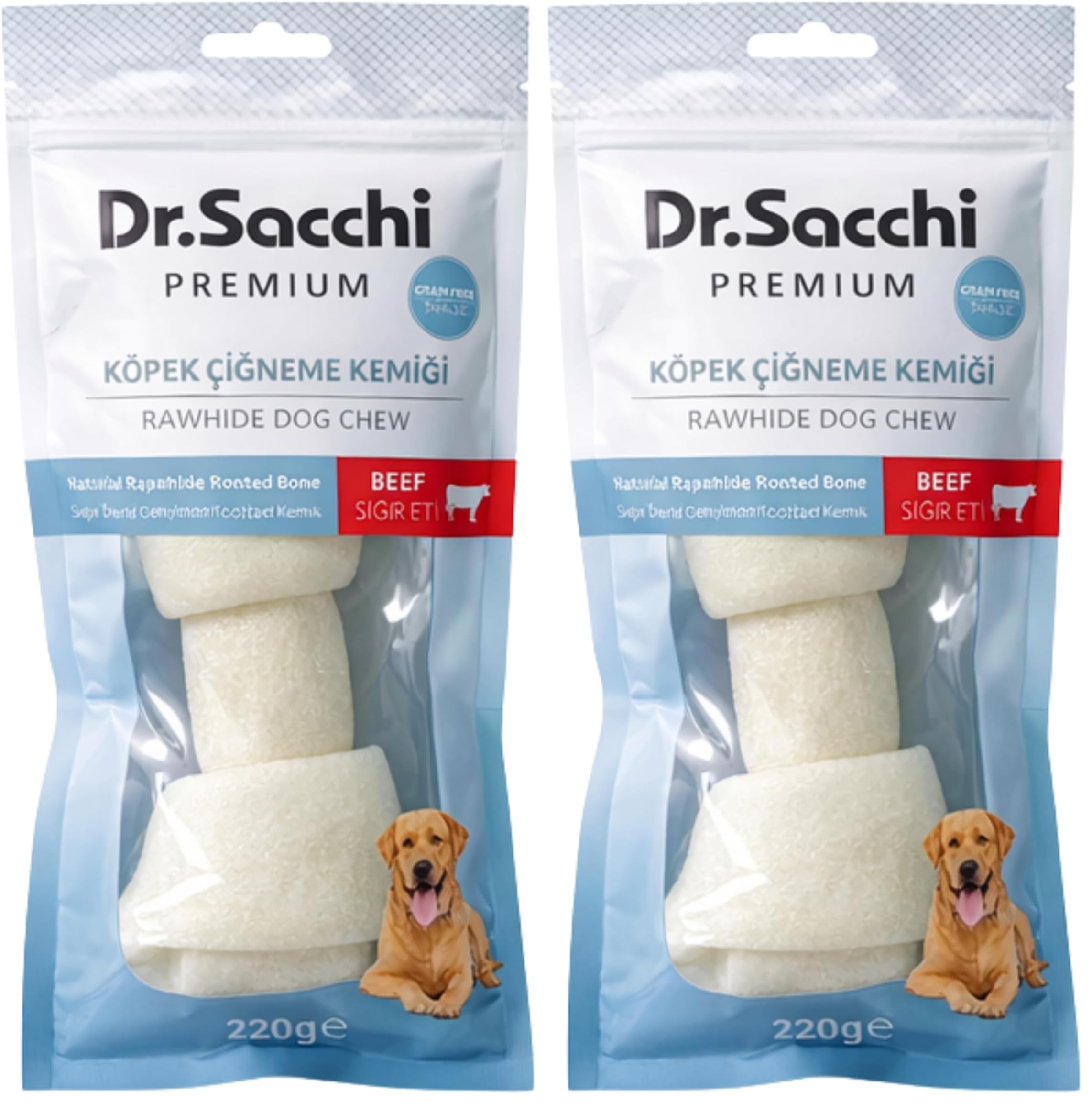 Dr.Sacchi Premium Sığır Etli Sığır Derisi Genişletilmiş Düğüm Kemik Tahılsız Köpek Ödülü 10-11" 220-230 Gr 1'li (2 paketi)