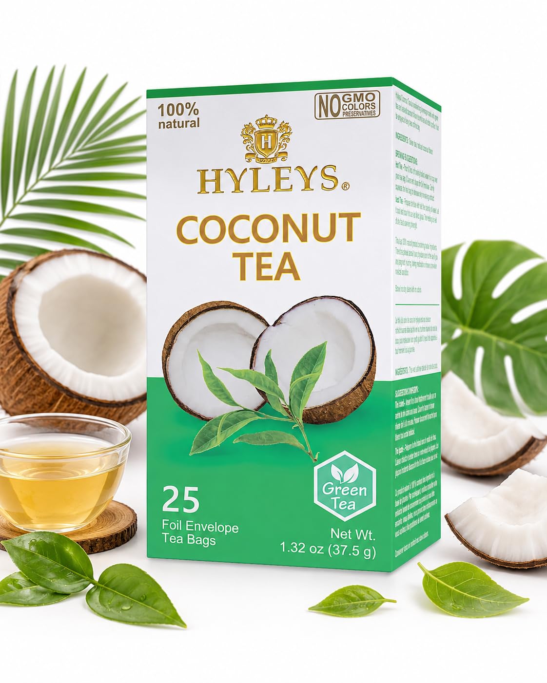 HYLEYS Natürliche Wellness-Kokosnuss mit grünem Tee, 25 Teebeutel (100 % natürlich, gentechnikfrei, glutenfrei, milchfrei, zuckerfrei), 12 Stück