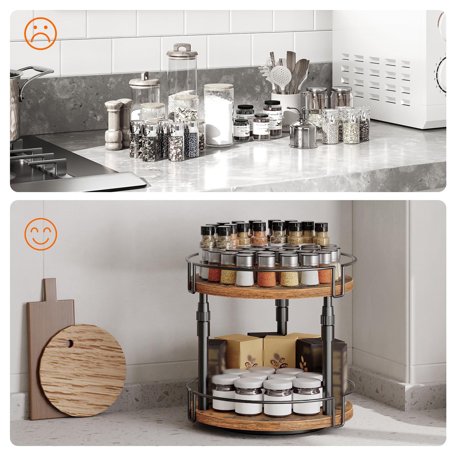 HOOBRO Scaffale Portaspezie a 2 Livelli, Scaffale da Cucina con Altezza Regolabile, Organizer da Cucina Rotante per Piano, Armadio, Tavolo, Marrone Vintage EBF05TL01