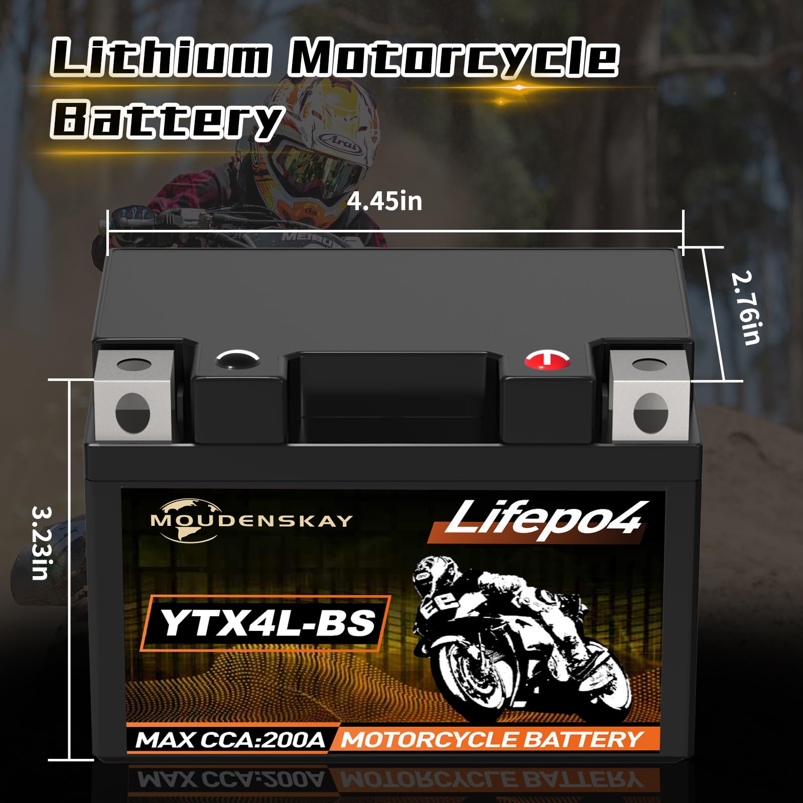 Akumulator litowy do motocykla, 12 V, akumulator litowy Powersports z BMS (YTX4L-BS 12,8 V 2 Ah 200 A) LiFePO4 akumulator rozruchowy do motocykli, ATV, UTV, pojazdów wodnych itp