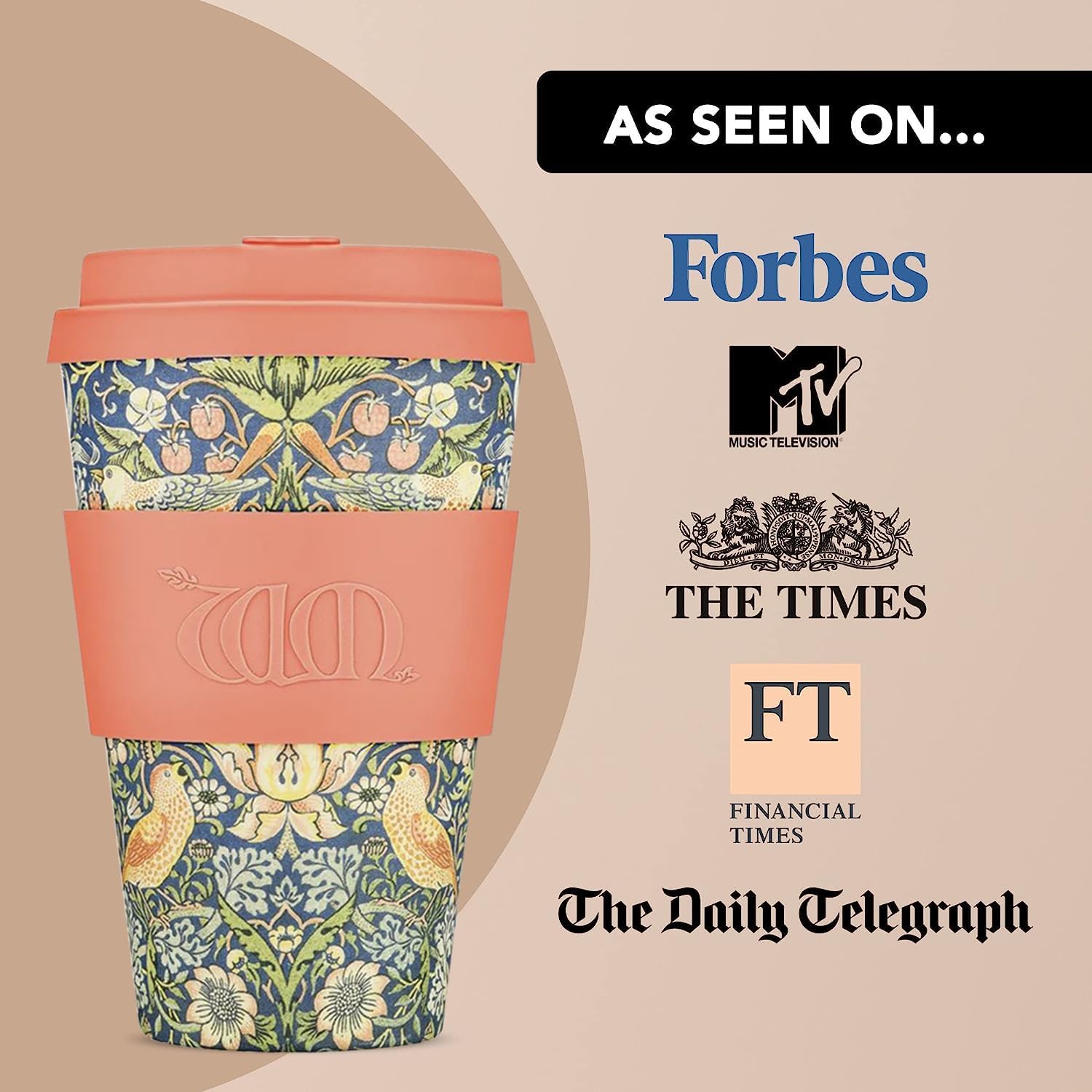 Ecoffee Cup 14oz (400ml) William Morris Reusable Coffee Cup – PLA Plant-Based Travel Mug with Silicone Lid, Melamine Free & Dishwasher Safe – Strawberry Thief