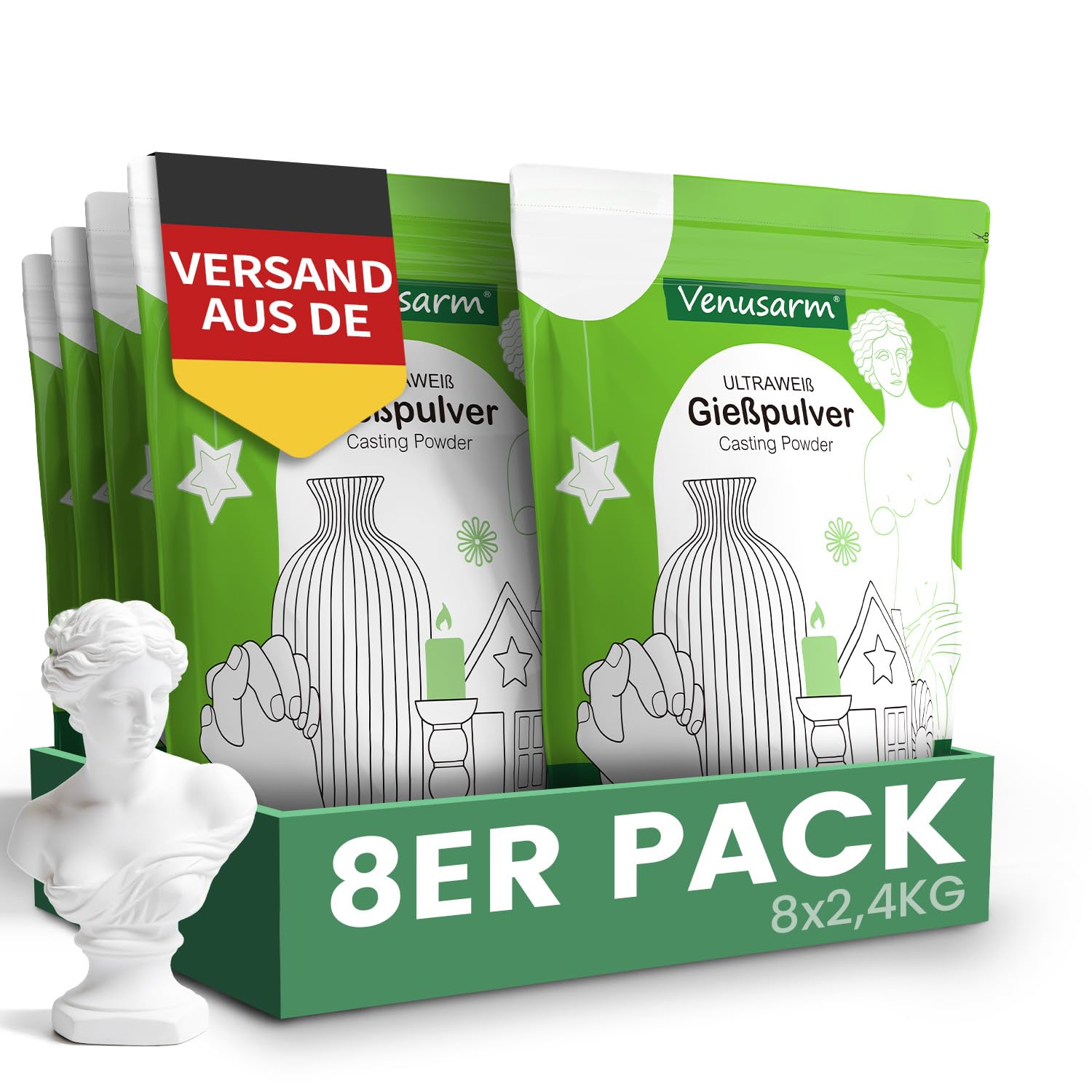 Venusarm Gießpulver Weiß 19,2kg [TESTSIEGER] – Natürliches Gießpulver für Kreative Projekte, Gips zum Gießen für DIY Kunsthandwerk