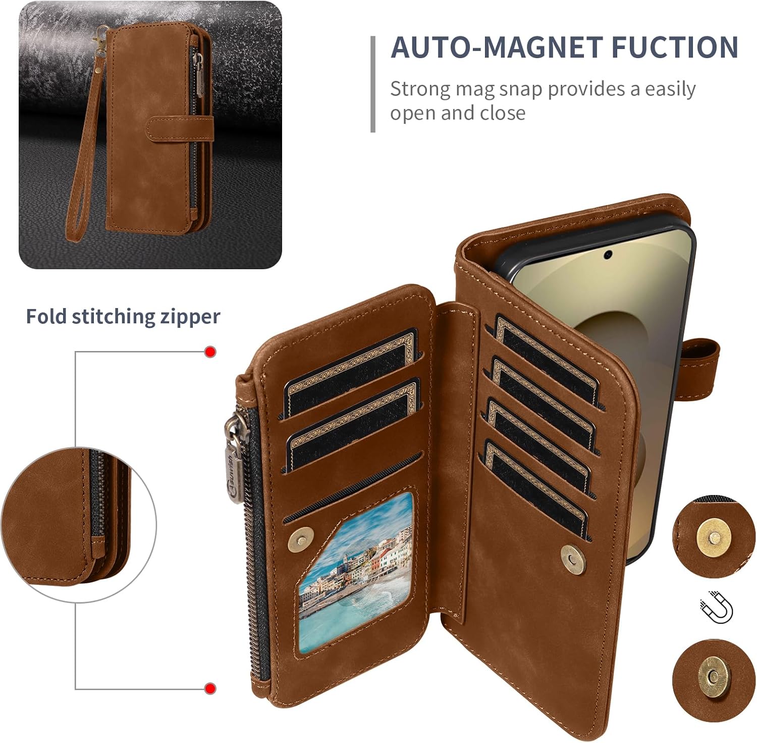Asuwish Phone Case for Samsung Galaxy S25 Ultra 5G Zipper Wallet Cell Cover with Tempered Glass Screen Protector Crossbody Strap Flip Credit Card Holder S25Ultra 25S S 25 25Ultra 6.9 2025 Women Brown