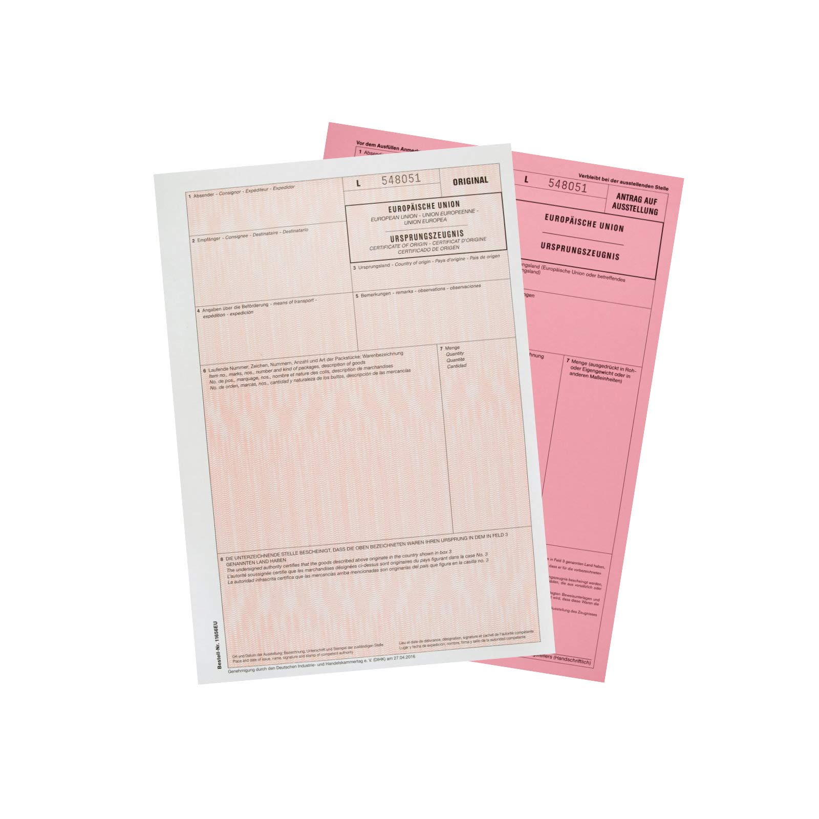 MASHPAPER 50x Ursprungszeugnis IHK Vordruck A4 für Laserdrucker | Ursprungszeugnis - Set aus Original und Antrag, 2-fach Durchschreibesatz, Blatt 1 und 2 lose im Wechsel, Format: 21x29,7 cm