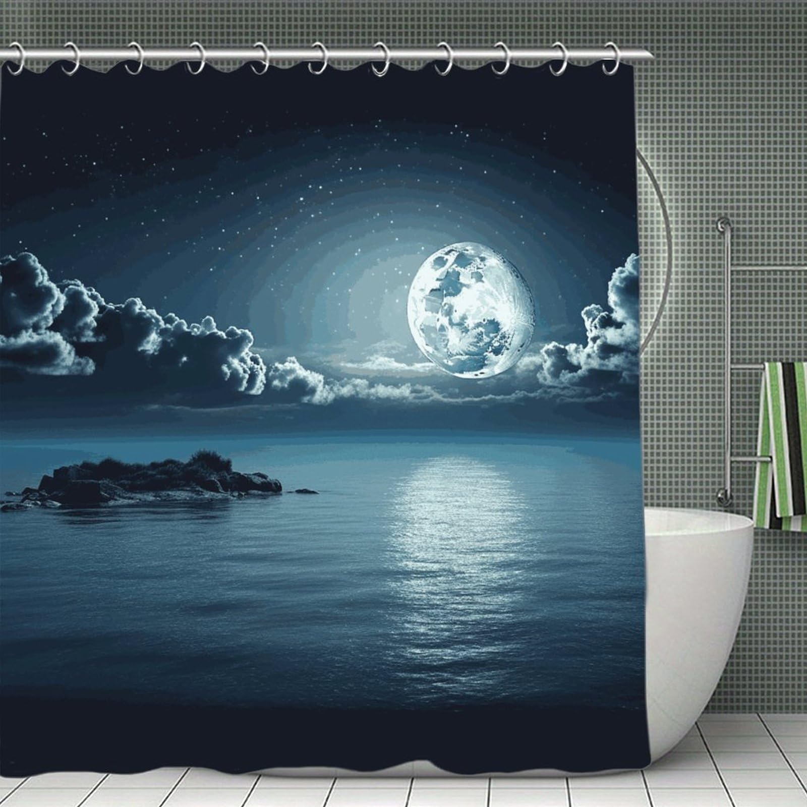 JTREHY Moon Ocean Landscape Shower Curtain Waterproof Bathroom Shower Curtain Machine Washable Bath Curtains Polyester Cloth Bath Curtains for Bathroom Showers 70.8×70.8Inch