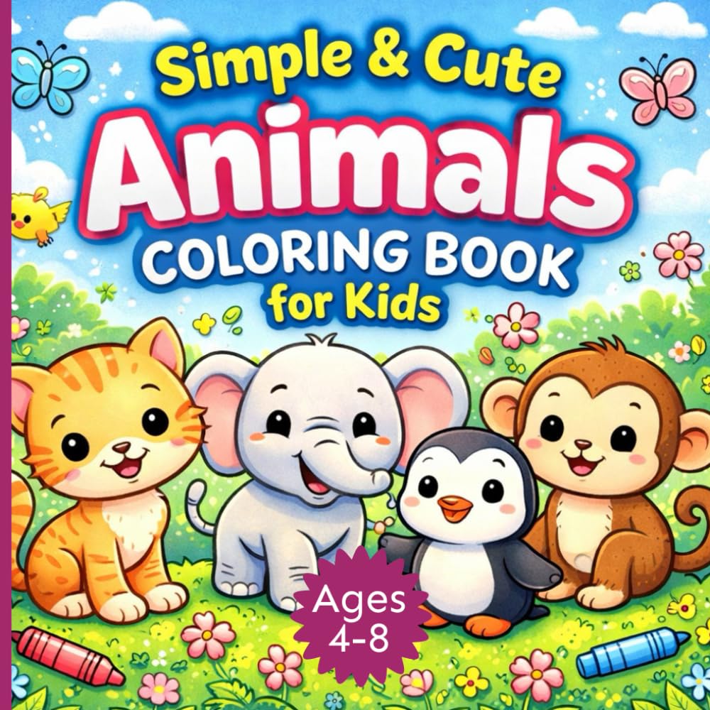 Simple & Cute Animals Coloring Book for Kids: 50 Coloring Pages with Thick Bold Outlines | Easy Bold Designs for Toddlers and Children Ages 4–8 | Preschool Activity Book