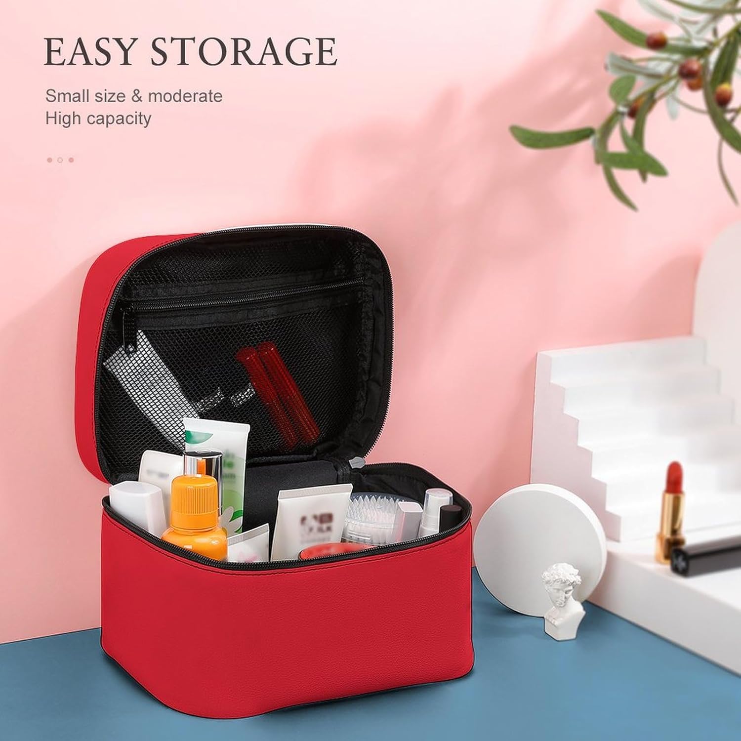 Travel Makeup Bag, Solid Bright Red Cosmetic Bags for Women Large Capacity Waterproof Toiletry Bag Make up Organizer