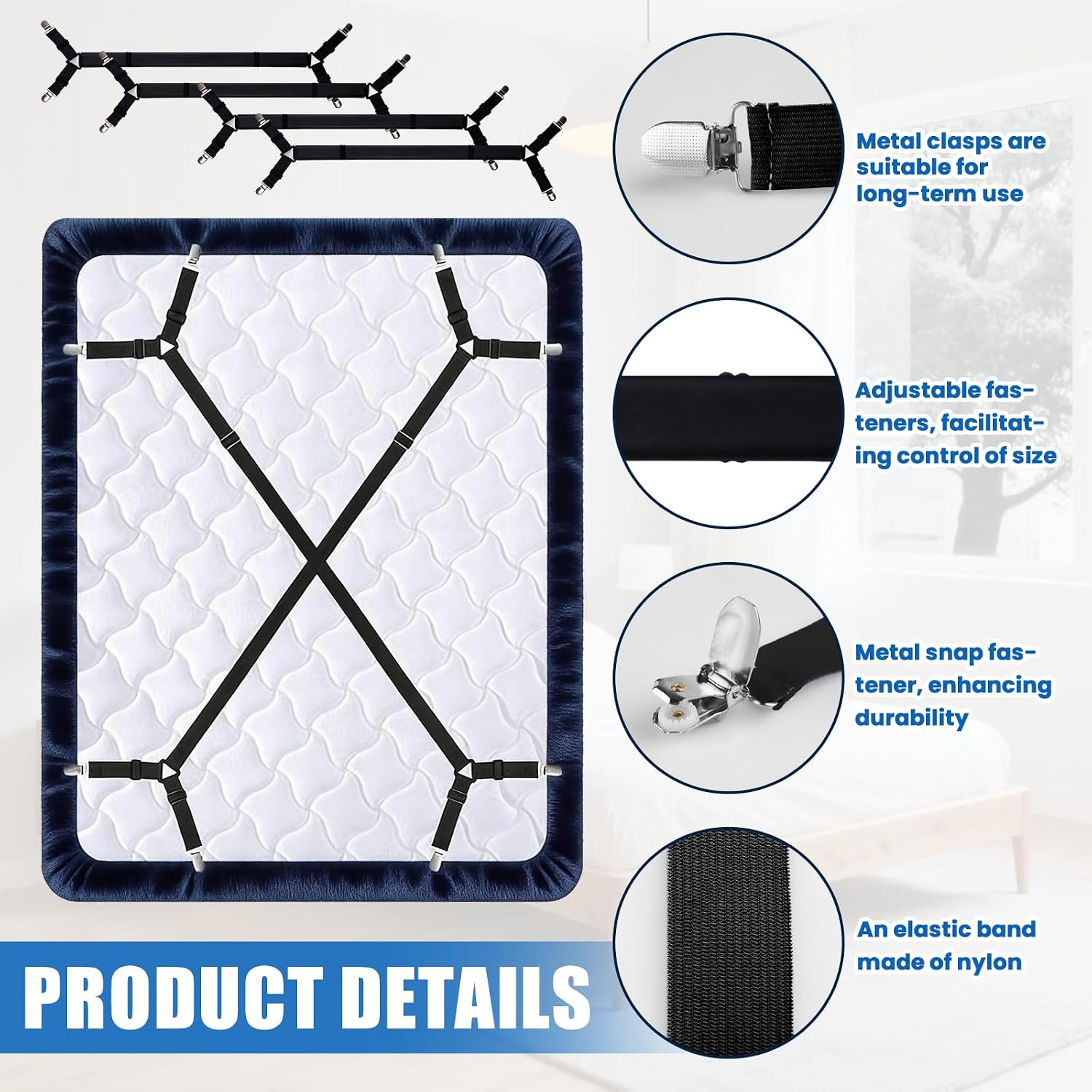 4pcs Bed Sheet Straps with Metal Clips, Sheet Holders Adjustable Elastic,Grippers Upgrade for Crib to King Size Bed Keep Sheets in Place.