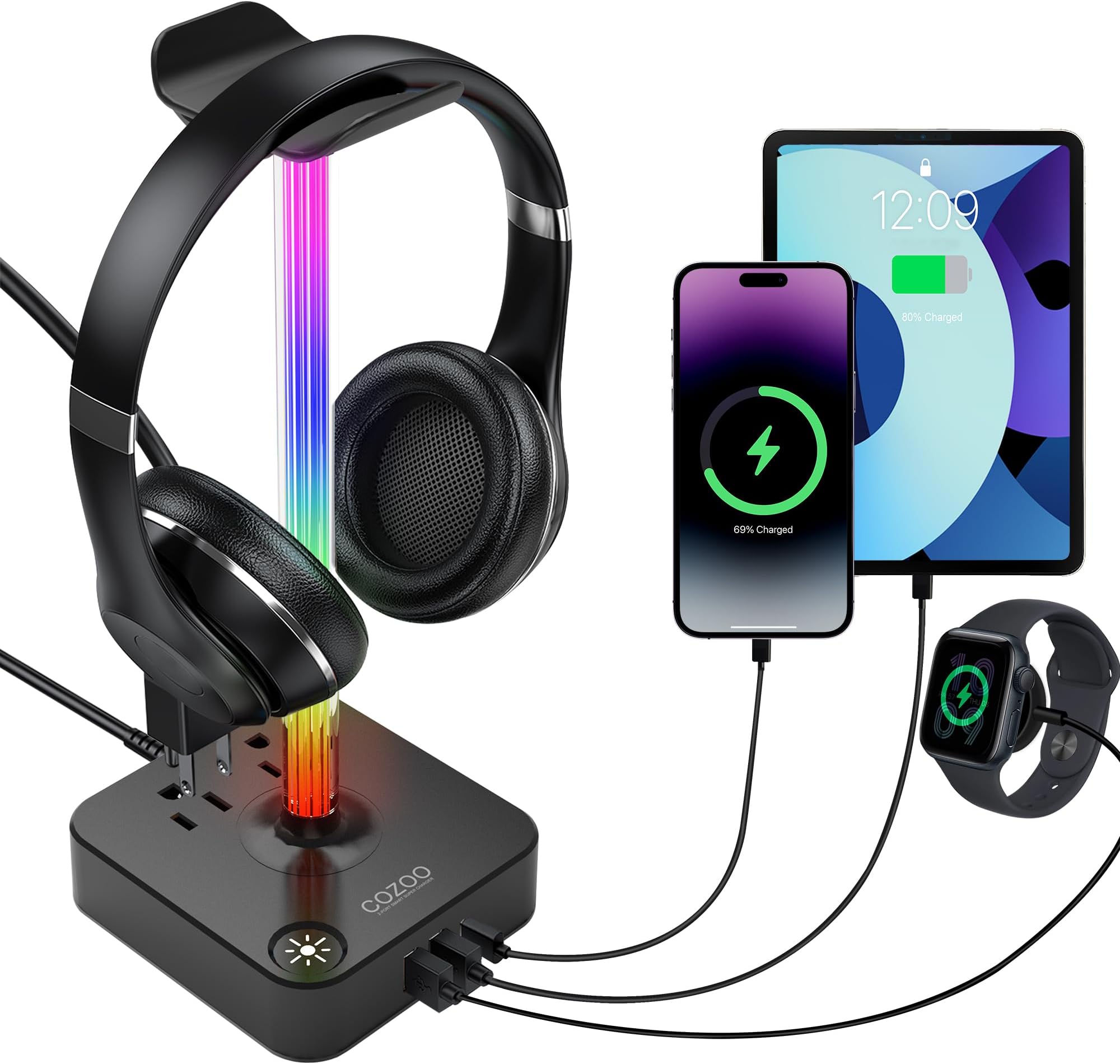 RGB Headphone Stand with USB Charger COZOO Desktop Gaming Headset Holder Hanger with 3 USB Charger and 2 Outlets - Great for Gaming, DJ, Wireless Earphone Display,Gamer PC Accessories Boyfriend Gifts