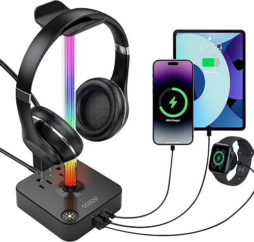 Soporte para auriculares RGB con cargador USB COZOO Soporte de auriculares de escritorio para juegos con 3 cargadores USB y 2 tomas de corriente,
