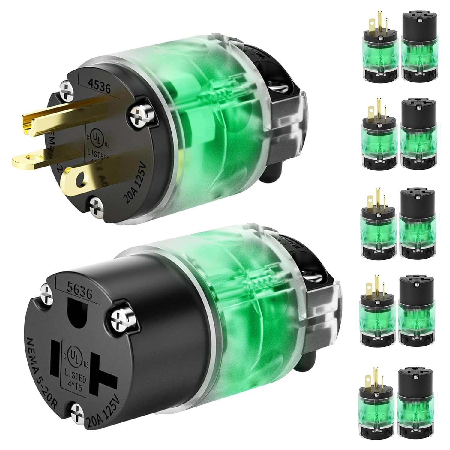 6 Set Lighted Cord End Replacement 20A 125V NEMA 5-20P*NEMA 5-20R, 2Pole 3Wire, Straight Blade, Male and Female Extension Cord Ends, Electrical Plug Replacement, UL Listed,Black