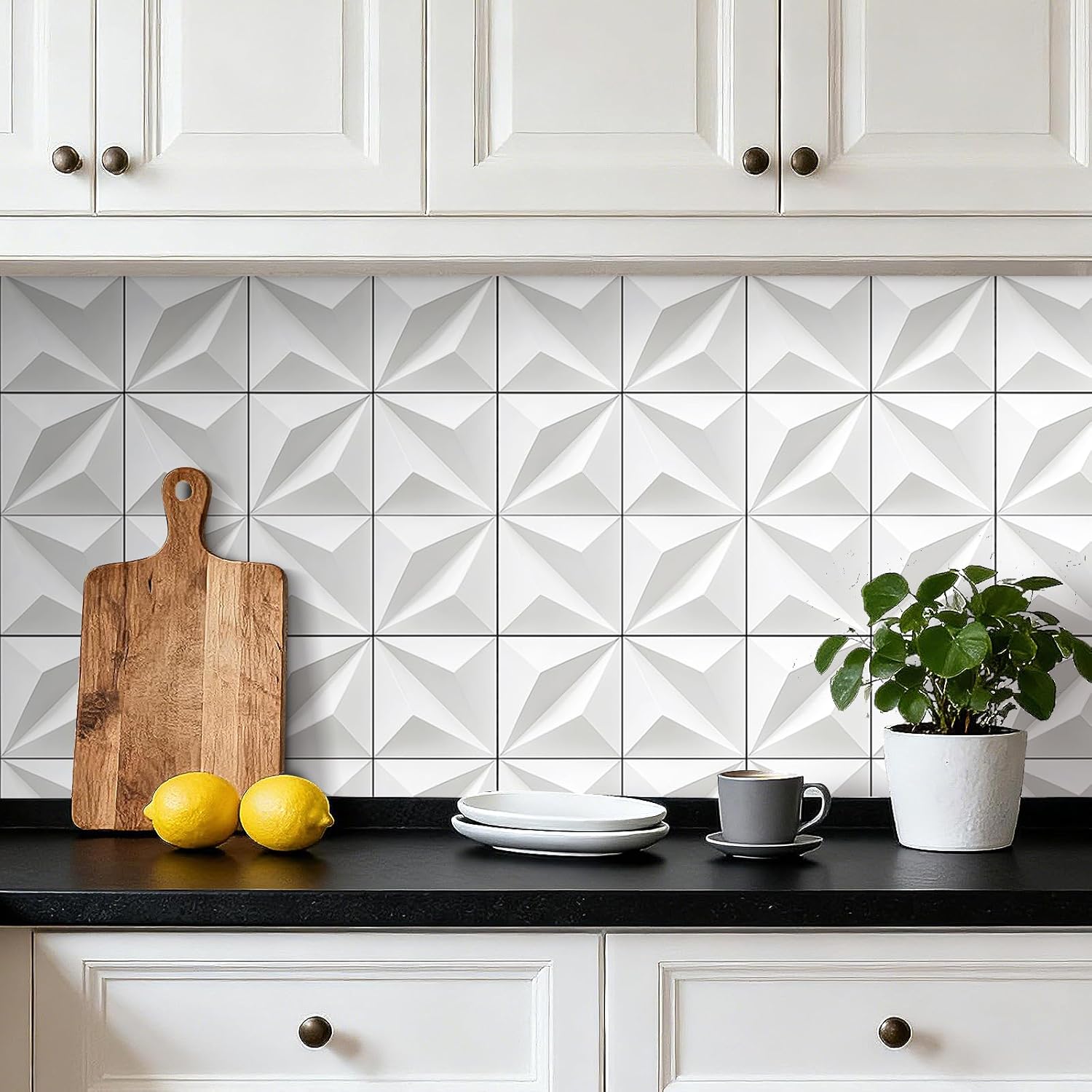 FunStick 17.5x354 White 3D Peel and Stick Wallpaper Modern Faux Square Tiles Renter Friendly Wall Paper Roll for Kitchen Backsplash Bathroom Ceiling Wall Panel Covering Waterproof White Contact Paper