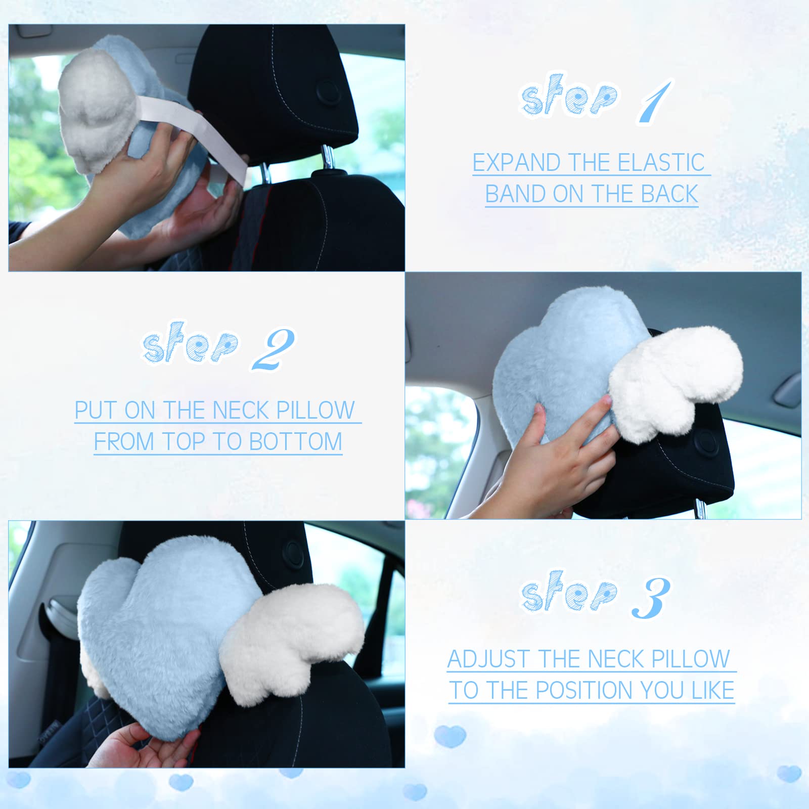 2 almohadas de felpa en forma de corazón con alas de ángel, reposacabezas de automóvil, almohada suave y cómoda para asiento de automóvil para conducir, sala de viaje, oficina, decoración de 4