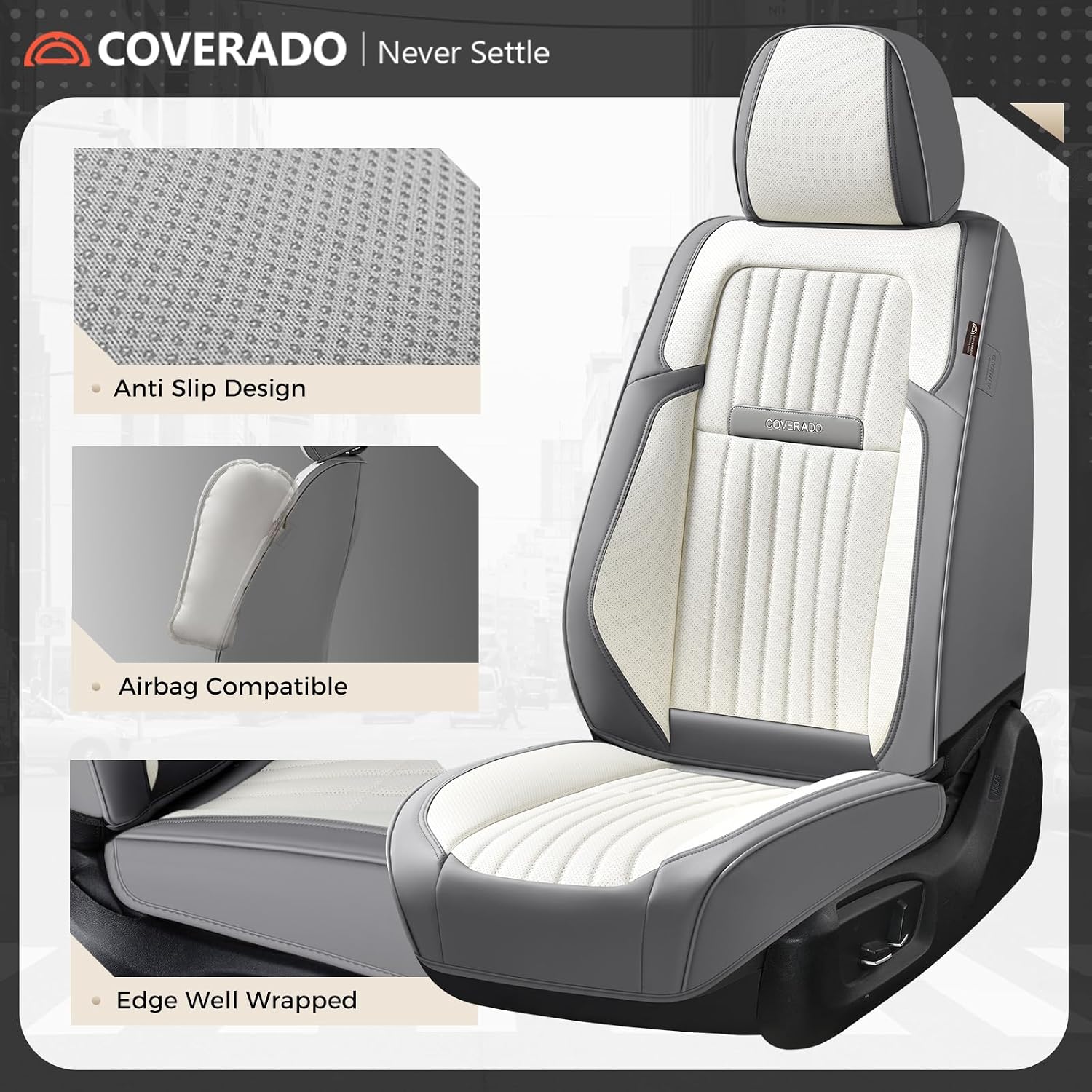  Car Seat Covers Front Seats, Seat Covers for Cars, Car Seat Protector, 2-Pack Car Seat Cushion Nappa Leather, Waterproof Seat Covers Carseat Cover Universal Fit for Most Cars(Gray&White) thumbnail