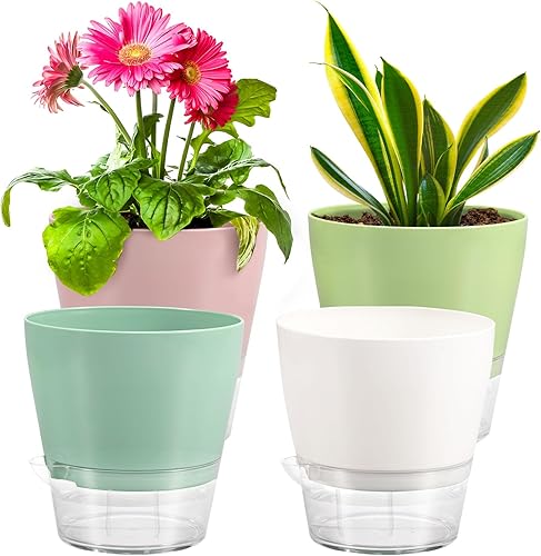 CEWOR Macetas de riego automático de 6 pulgadas para plantas de interior, paquete de 4 macetas de plástico con depósito profundo, ideales para