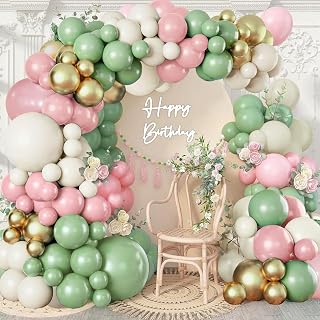 Sage Green Pink Balloon Arch Kit, Olive Green Pastel Pink Metallic Gold Sand White Balloon for Safari Baby Shower Wedding Bridal Shower Girl Birthday Engagement Jungle Woodland Party Decorations